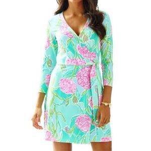 Lilly Pulitzer Meridian Wrap Dress Size S Floral Jersey Knit Blue Pink Green New